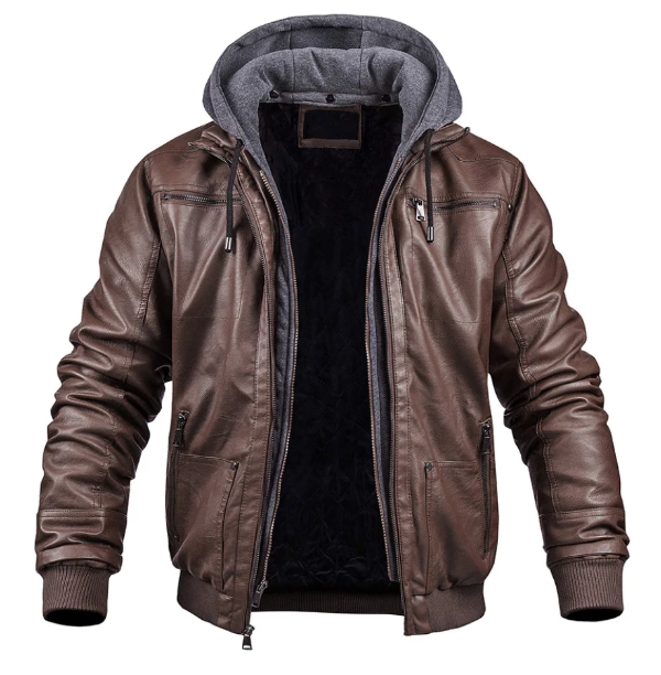 Yorkham | Men's Slim Fit Leather Look Jacket with Hood and Zip Closure