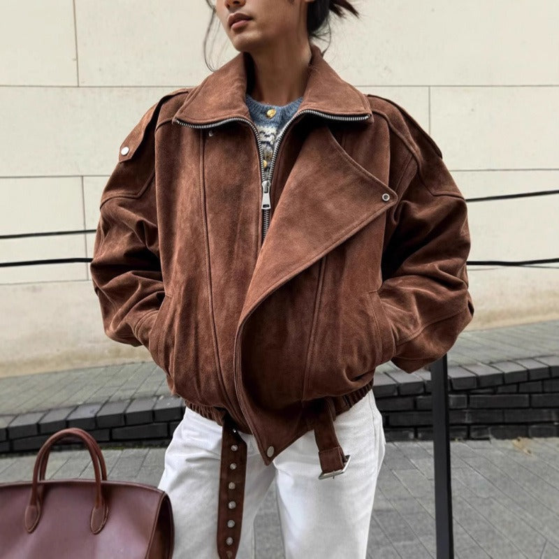 Elva | Women’s Oversized Brown Suede Bomber Jacket with Epaulettes and Asymmetrical Zip