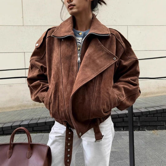Elva | Women’s Oversized Brown Suede Bomber Jacket with Epaulettes and Asymmetrical Zip