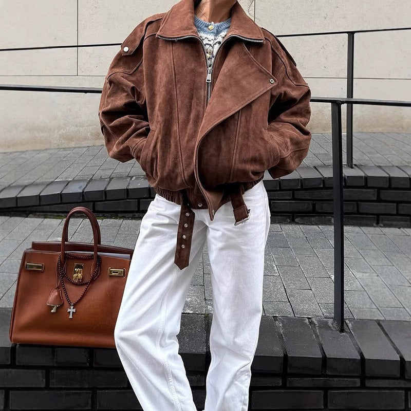 Elva | Women’s Oversized Brown Suede Bomber Jacket with Epaulettes and Asymmetrical Zip