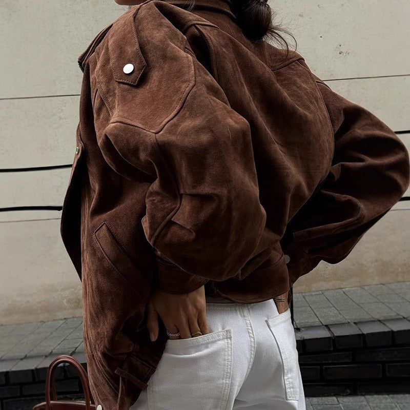 Elva | Women’s Oversized Brown Suede Bomber Jacket with Epaulettes and Asymmetrical Zip