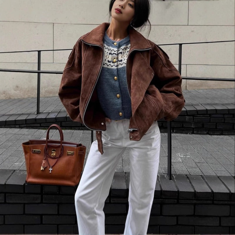 Elva | Women’s Oversized Brown Suede Bomber Jacket with Epaulettes and Asymmetrical Zip