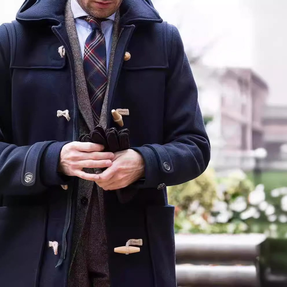 Marius | Men’s Mid-Length Wool-Blend Trench Coat with Hood and Toggle Closure