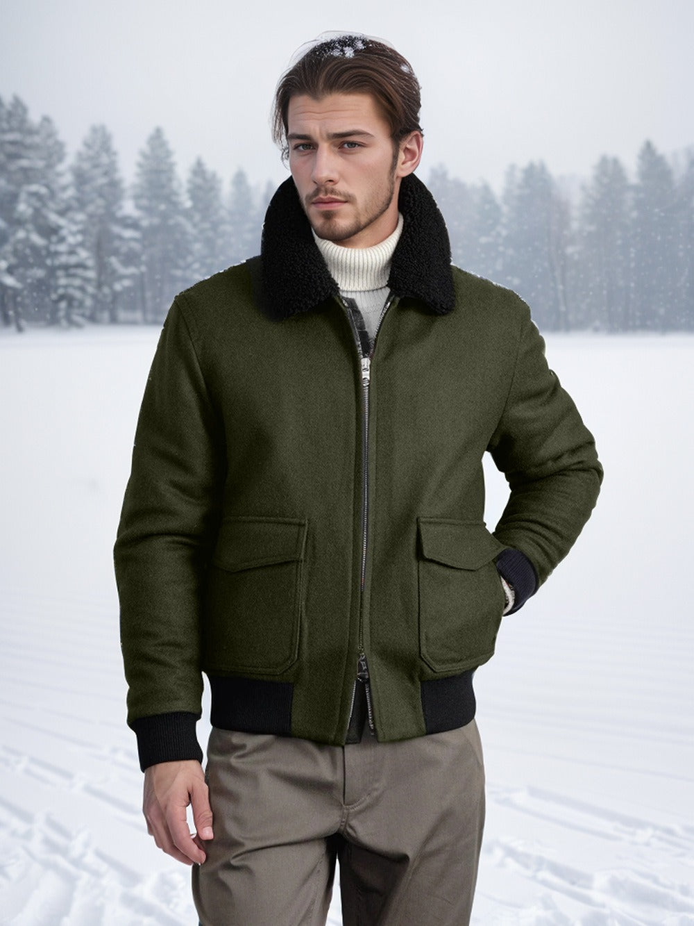 Matias | Men’s Wool-Blend Bomber Jacket with Shearling Collar and Two-Way Zip