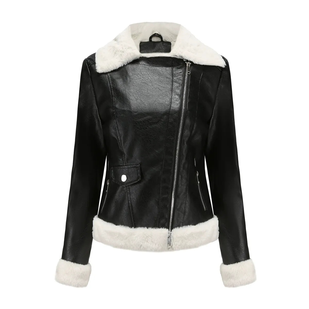 Gwendolyn | Women’s Fitted Faux Leather Jacket with Plush Fur Lining & Asymmetrical Zip