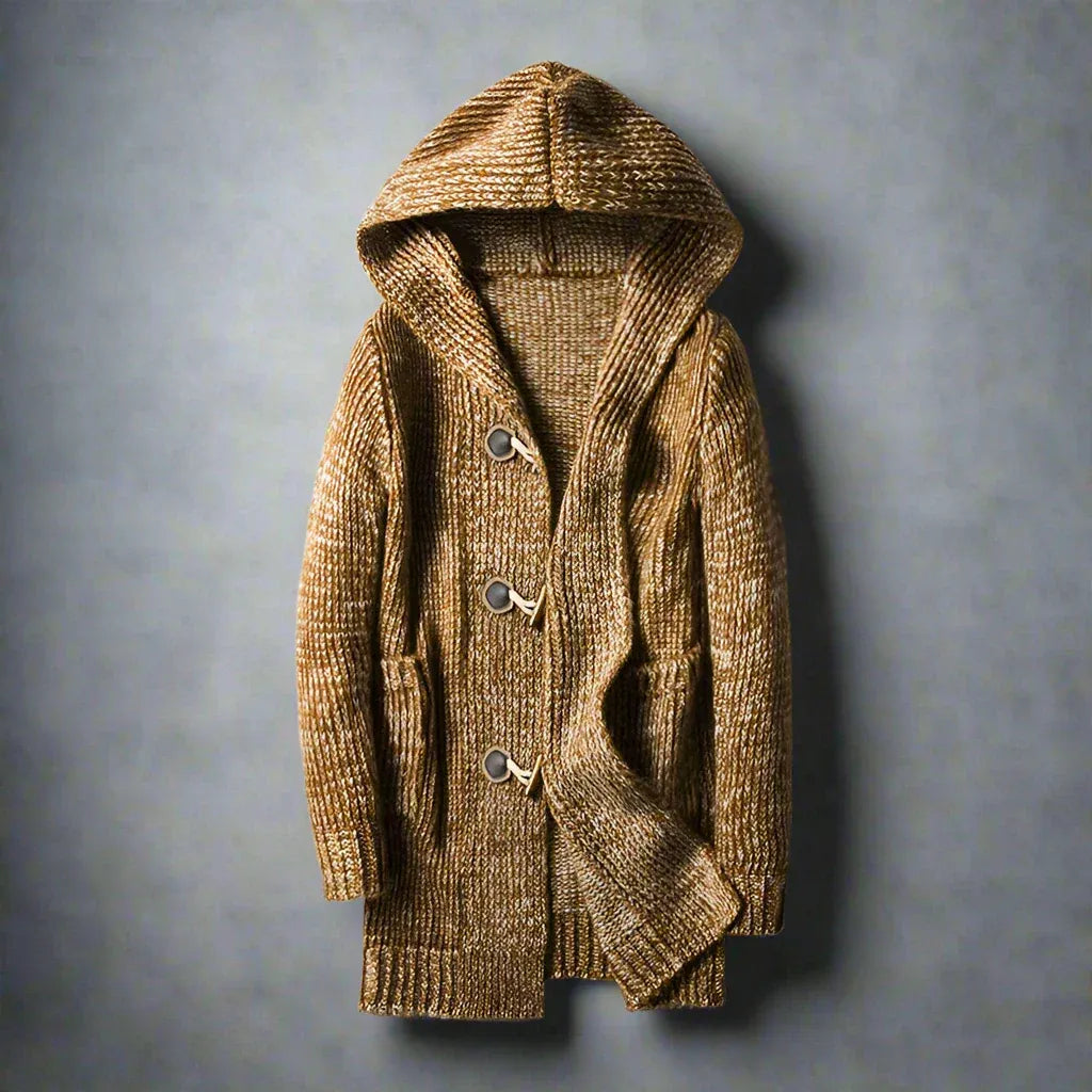 Elmer | Men’s Long Knit Cardigan with Hood and Wooden Toggle Closures