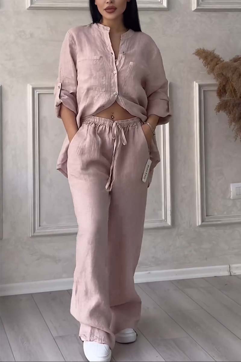 Garnet | Women's Linen Set – Buttoned Long Sleeve Blouse with Chest Pockets & Wide-Leg Trousers