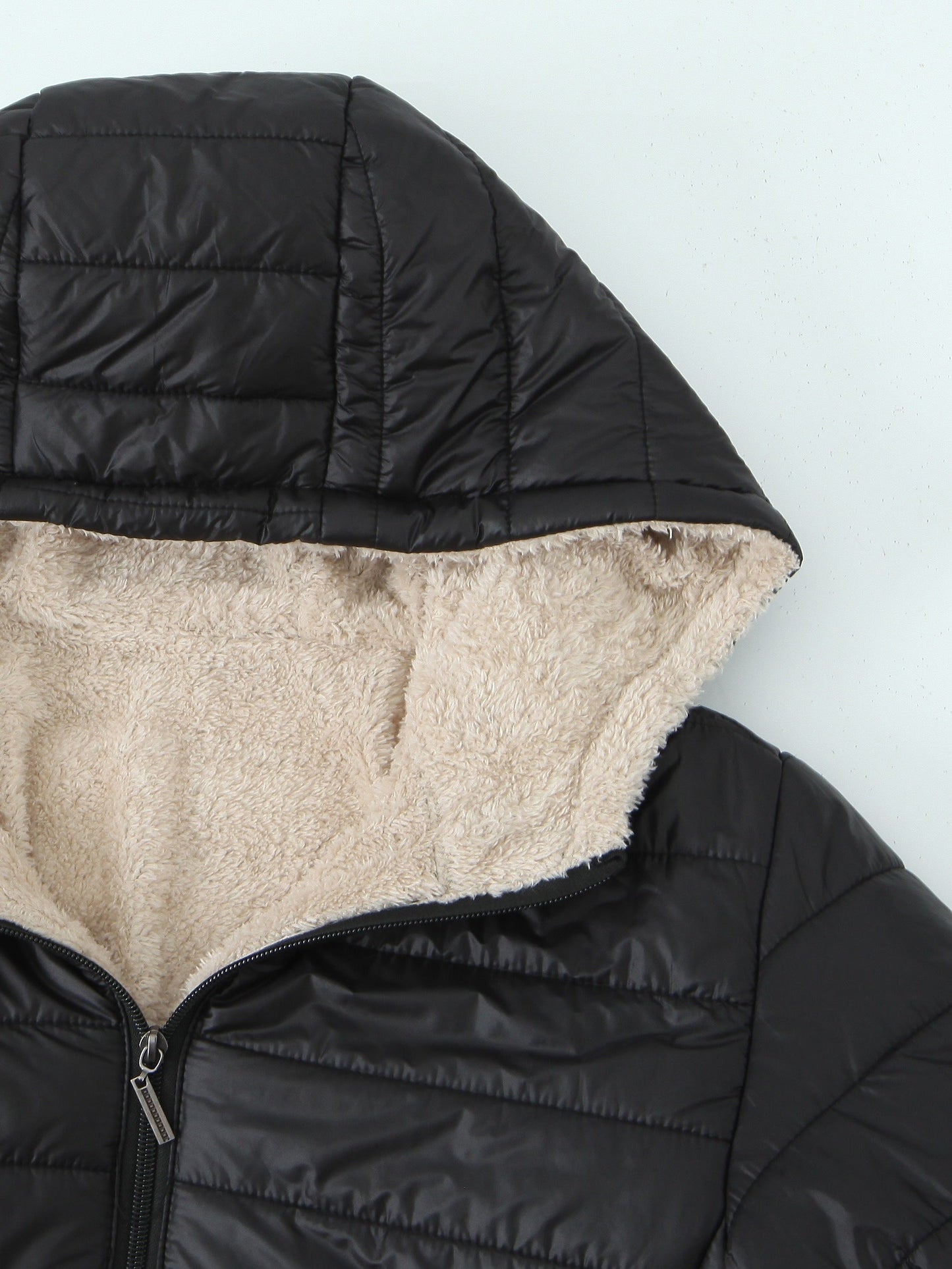Macy | Women's Black Quilted Fleece-Lined Hooded Jacket with Zip