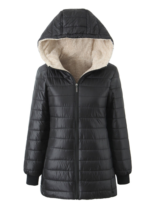 Macy | Women's Black Quilted Fleece-Lined Hooded Jacket with Zip