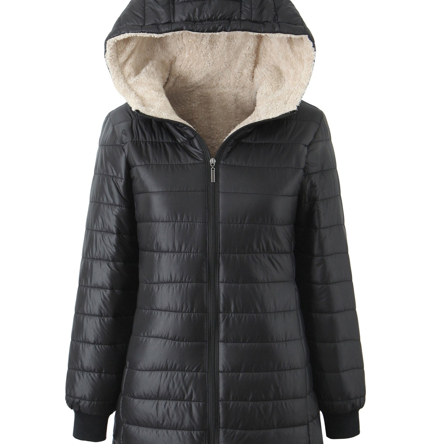 Macy | Women's Black Quilted Fleece-Lined Hooded Jacket with Zip