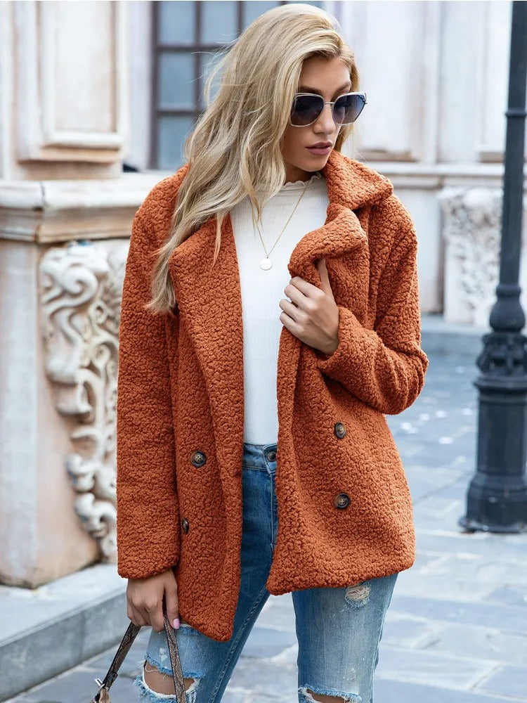 Magdalen | Women's Solid Colour Double-Breasted Teddy Winter Coat with Lapel Collar