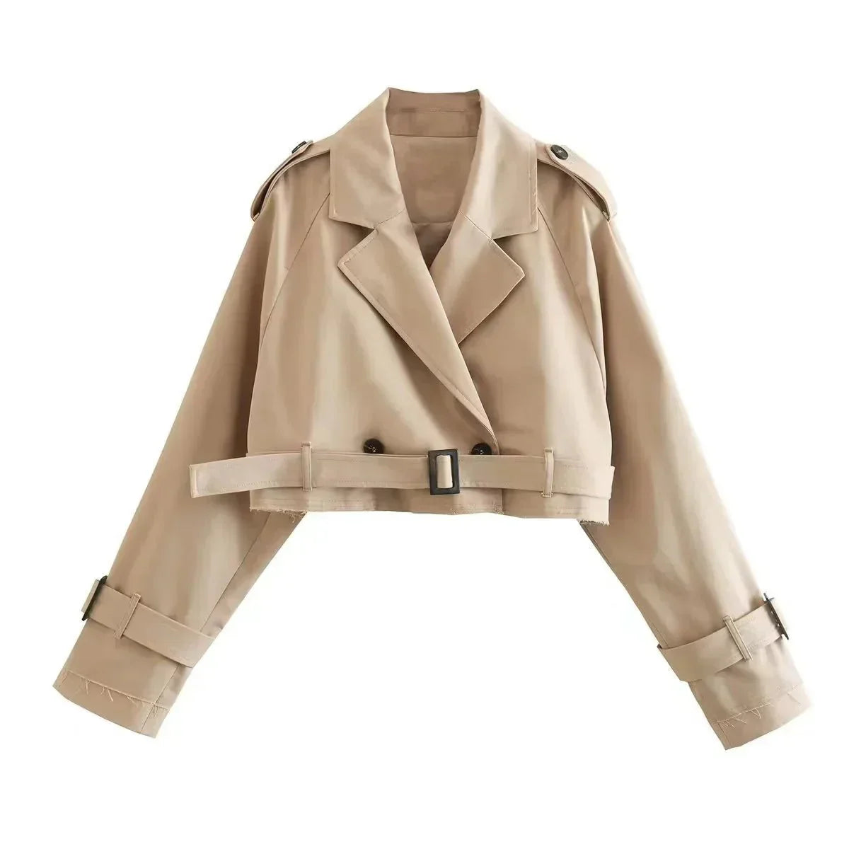 Alison | Women’s Khaki Cropped Double-Breasted Cotton Jacket with Waist Belt