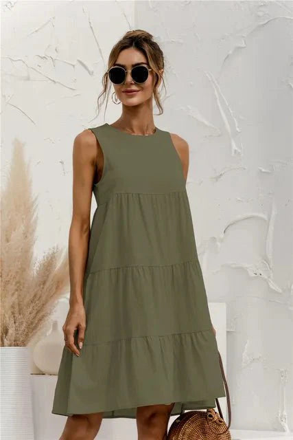 Lucy | Women's Solid Colour Sleeveless Layered Round Neck Summer Mini Dress