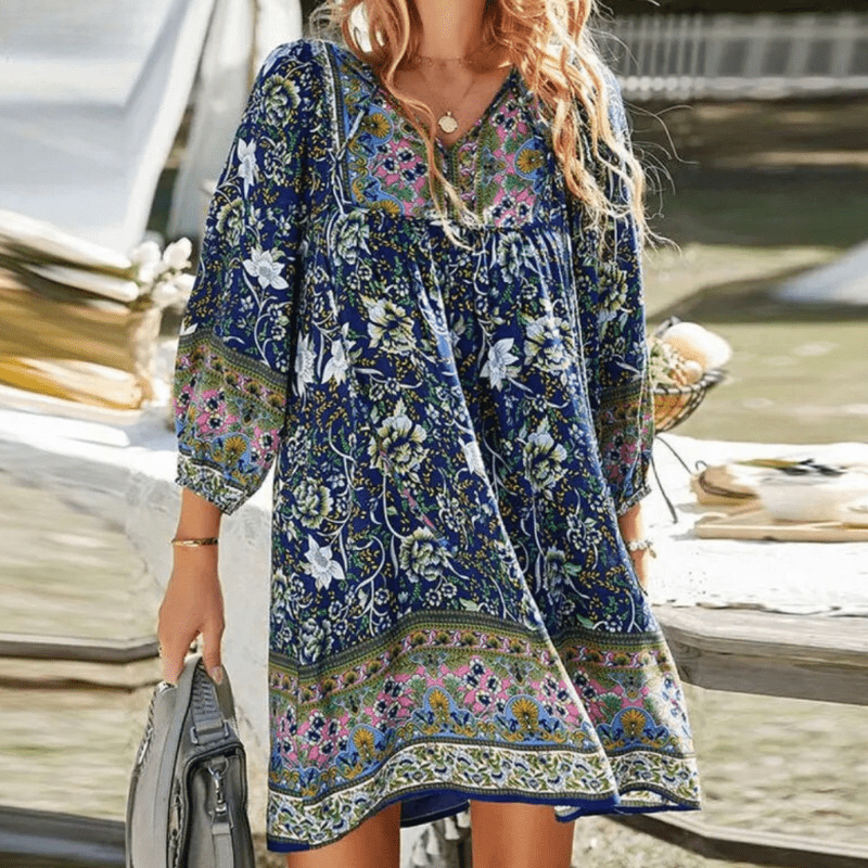 Mia | Women's V-Neck Boho Floral Loose Fit Lantern Sleeve Mini Summer Dress