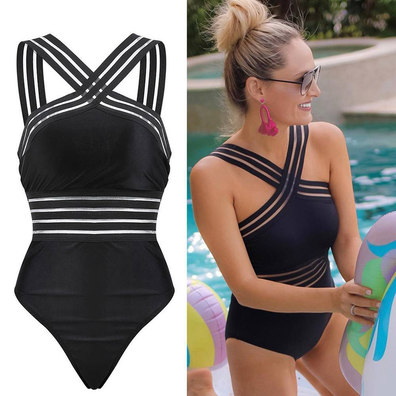 Daphne | Women's Black Halter Neck Cross Back One-Piece Swimsuit
