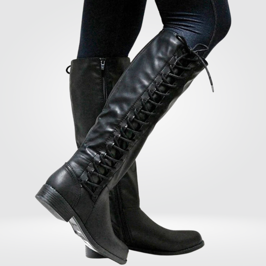 Camellia | Women's Round Toe Block Heel High Boots with Side Zip & Lace-Up Design