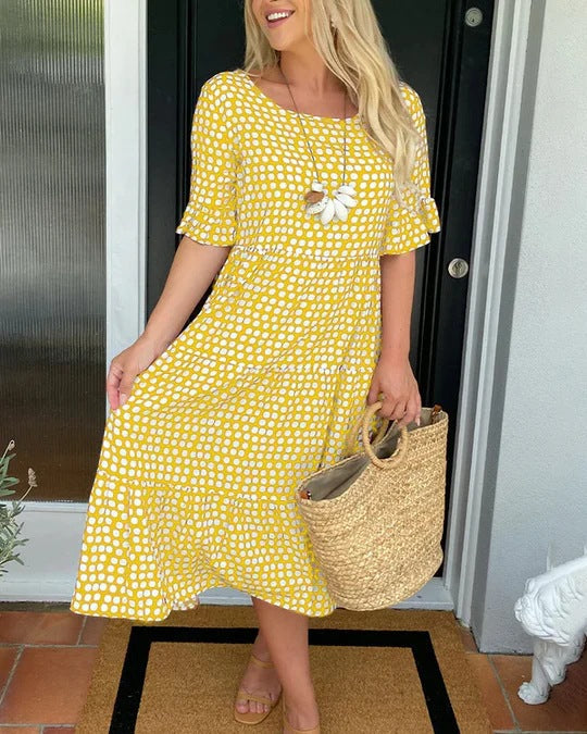 Rhiella | Women's Polka Dot Midi Dress – Round Neck, Half Sleeves & Flattering Fit