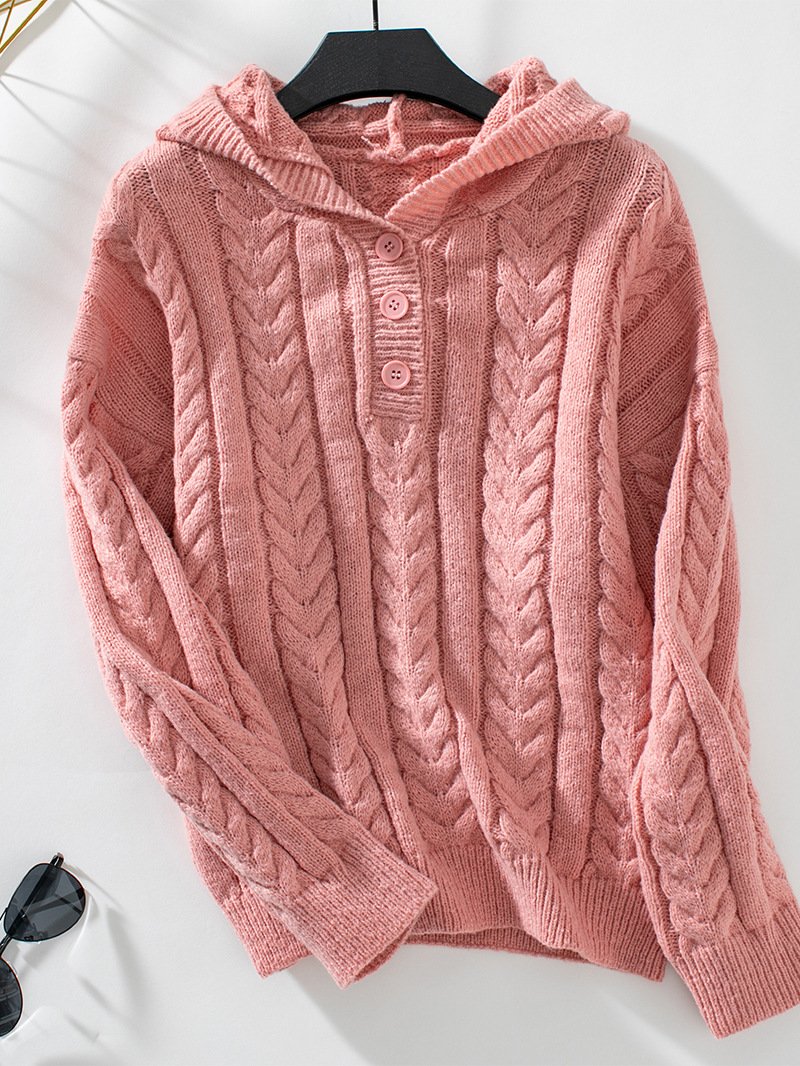 Avalon | Women's Hooded Sweater with Braided Texture & Buttoned Collar