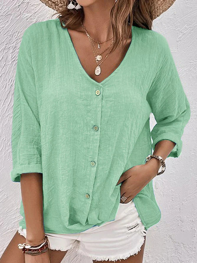Rhosalie | Linen V‑Neck Button Blouse – Breezy Long‑Sleeve Fit