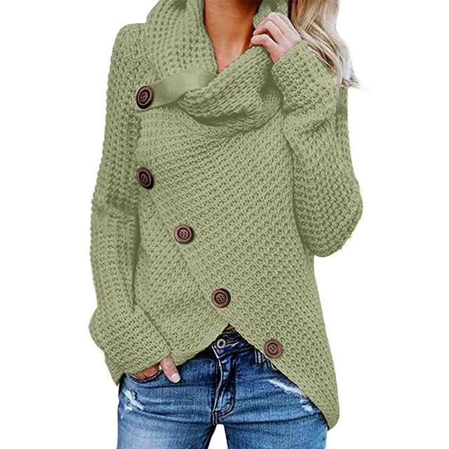 Clarabel | Women's Knitted Turtle Cowl Neck Sweater with Asymmetric Button Detail