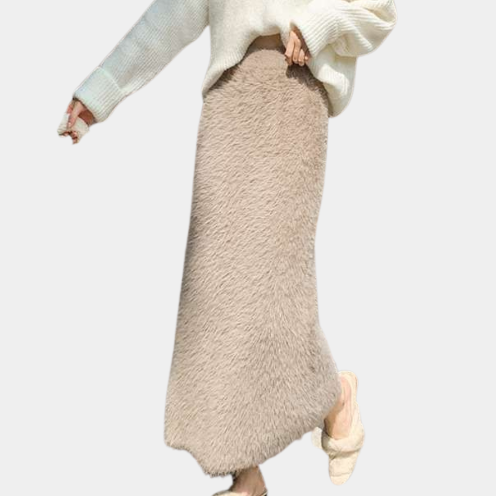 Mandy | Women’s High Waist Plush Teddy Maxi Skirt in Khaki