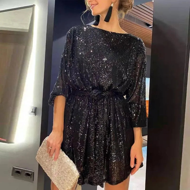 Aisling | Elegant Sequin Long-Sleeve A-Line Mini Dress with Waist Tie – Perfect for Party Nights