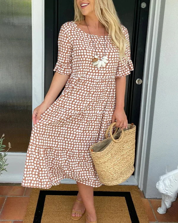 Rhiella | Women's Polka Dot Midi Dress – Round Neck, Half Sleeves & Flattering Fit