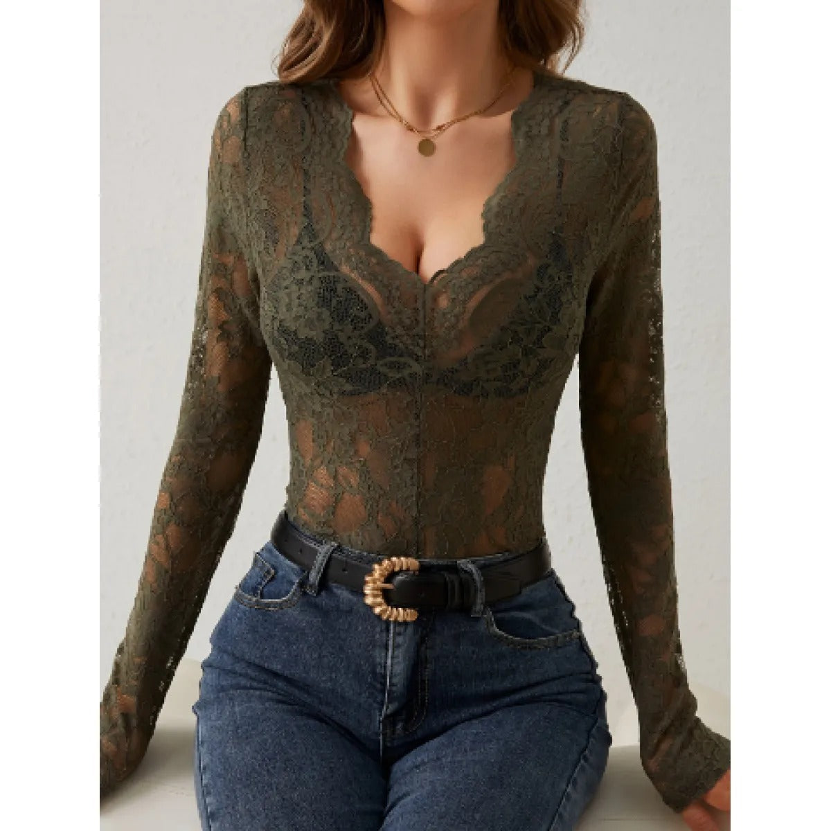 Nolana | Women’s Sheer Floral Lace Blouse with V-Neck and Long Sleeves