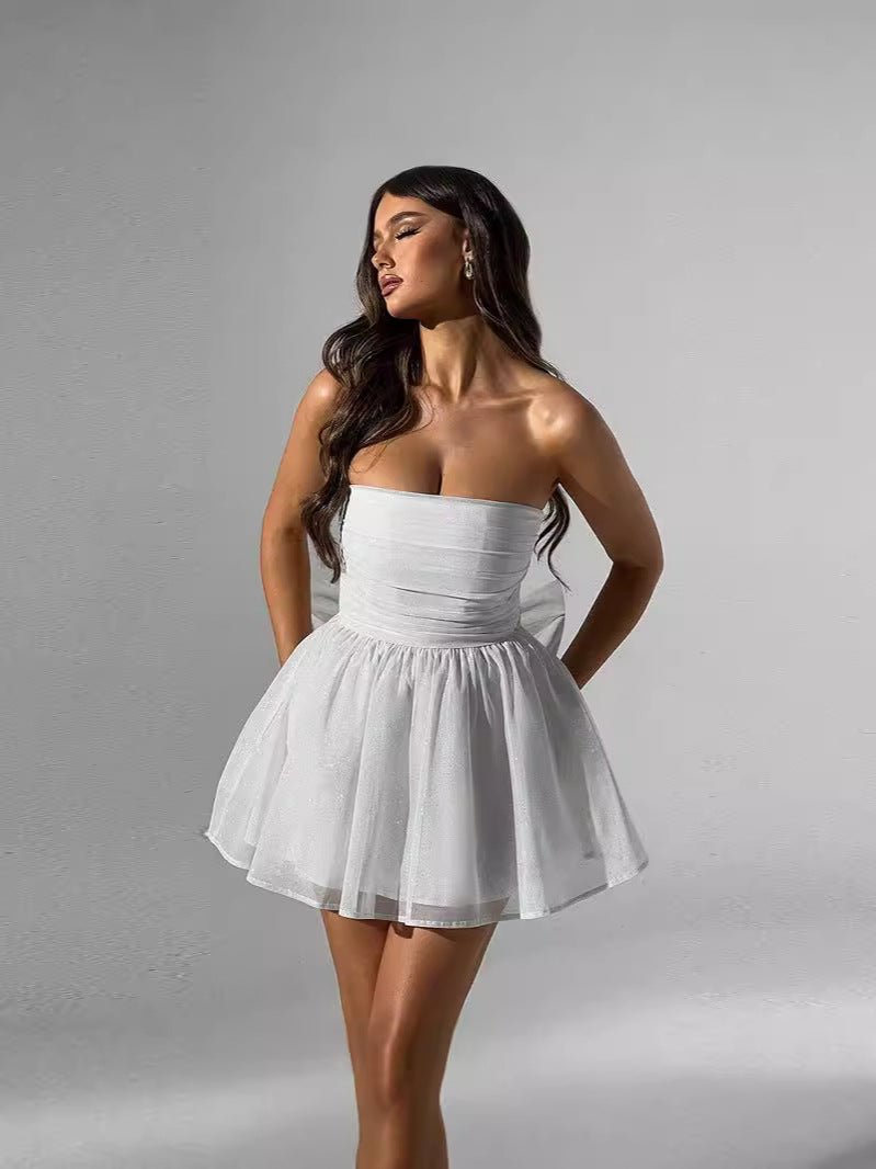Delinda | Sparkling Strapless Mini Dress with Pleats and Stylish Bow Back Detail