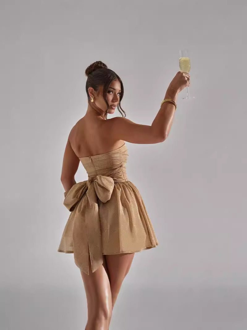 Delinda | Sparkling Strapless Mini Dress with Pleats and Stylish Bow Back Detail