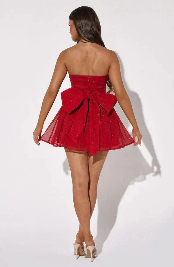 Delinda | Sparkling Strapless Mini Dress with Pleats and Stylish Bow Back Detail