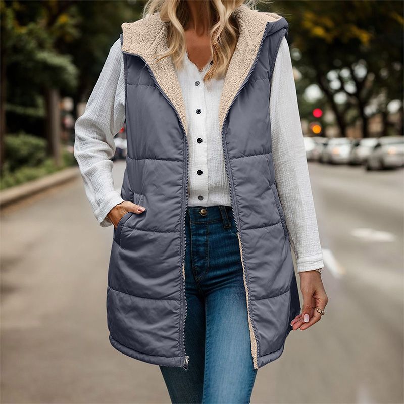 Herlindel | Women's Reversible Fleece-Lined Hooded Gilet with Full Zip, Long Length