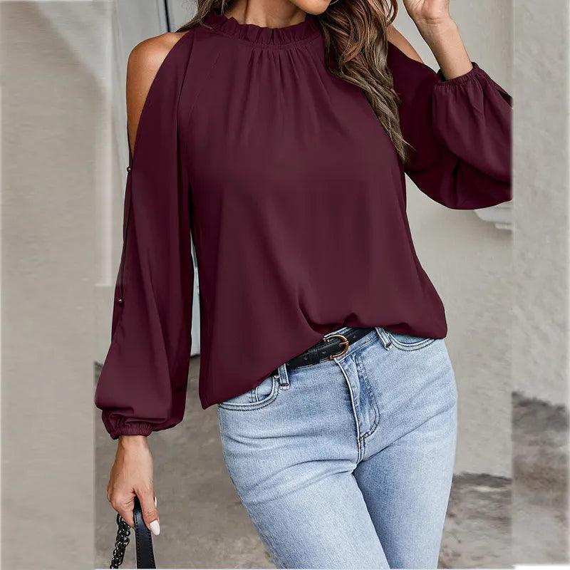 Gwendolyn | Women's Solid Colour Open Shoulder Blouse with Ruffled Neckline