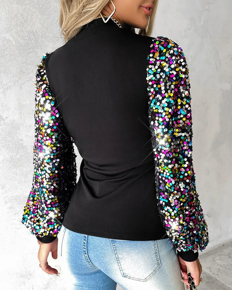 Camilla | Women's Multicolour Sequin Puff Sleeve Blouse with Round Neck