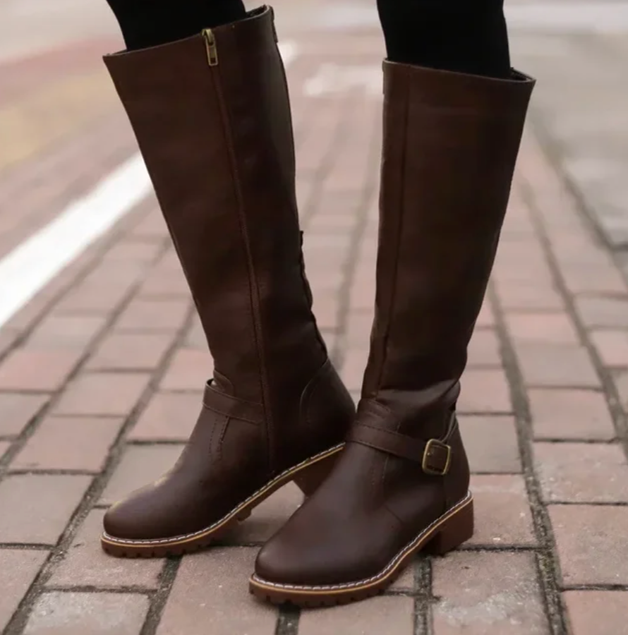 Lily | Women’s Knee High Boots with Buckle Strap & Low Block Heel