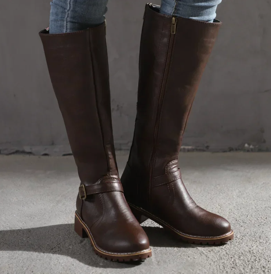 Lily | Women’s Knee High Boots with Buckle Strap & Low Block Heel