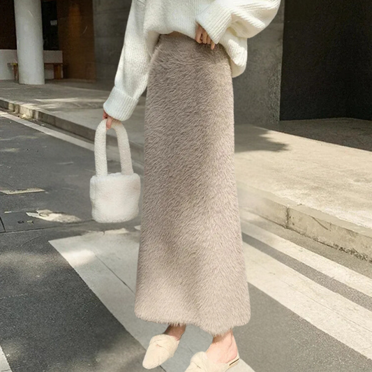 Mandy | Women’s High Waist Plush Teddy Maxi Skirt in Khaki