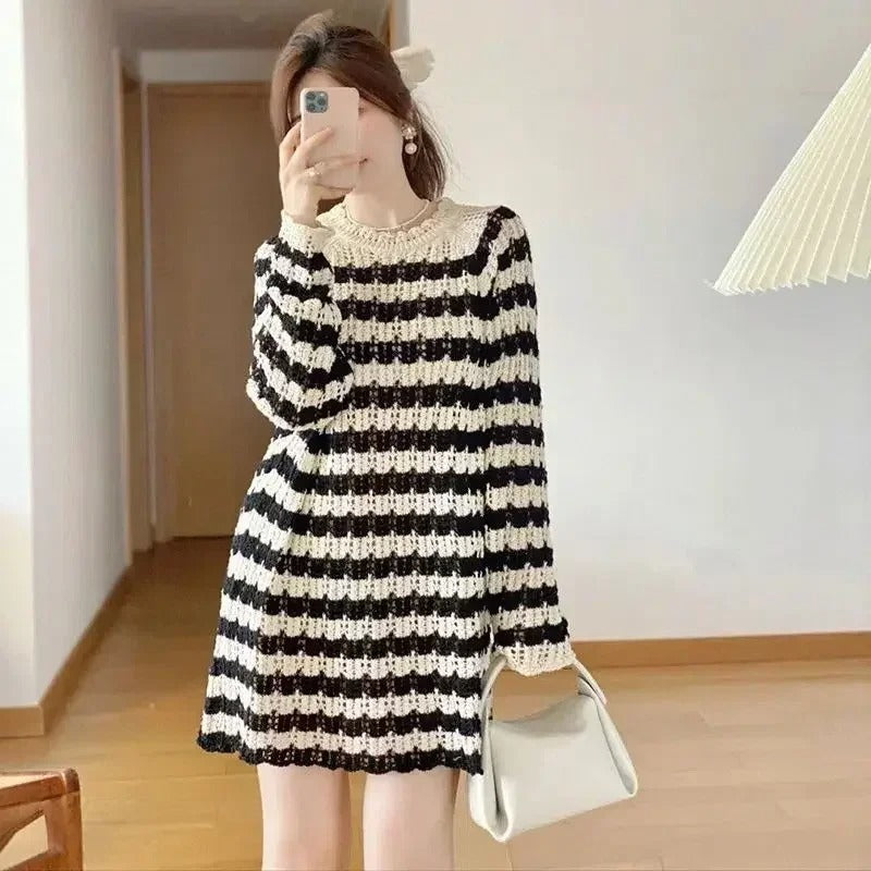 Cherry | Women's Striped Crochet Knit Long Sleeve Mini Dress – Elegant and Comfortable Round Neck Dress