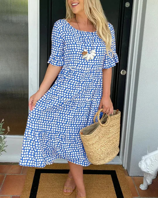 Rhiella | Women's Polka Dot Midi Dress – Round Neck, Half Sleeves & Flattering Fit