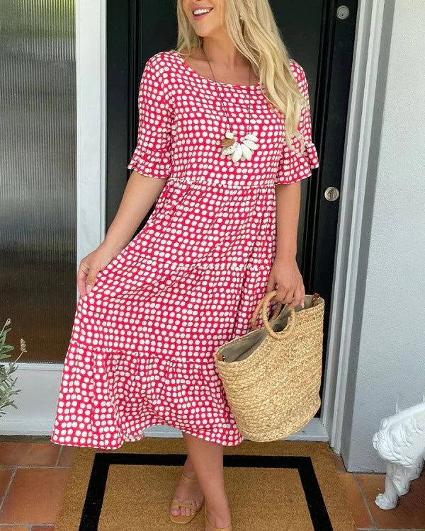 Rhiella | Women's Polka Dot Midi Dress – Round Neck, Half Sleeves & Flattering Fit