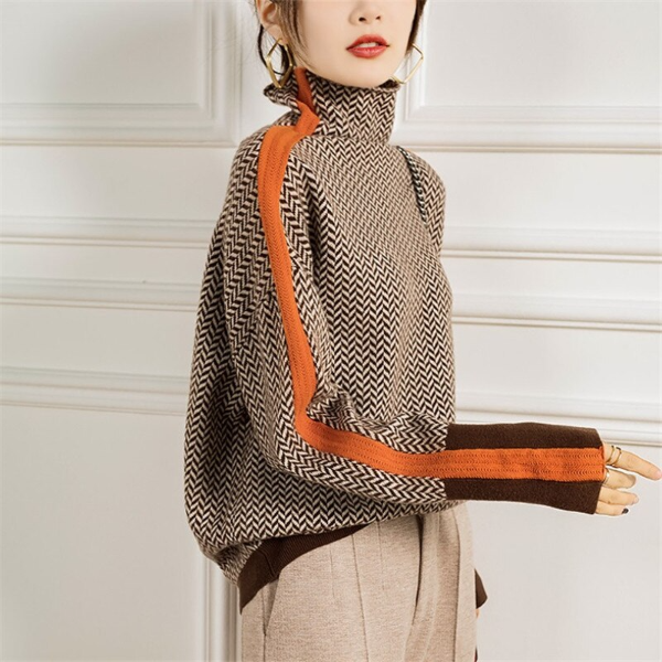 Bella | Women's Turtleneck Knitted Sweater with Colorblock Design and Chevron Contrast Details