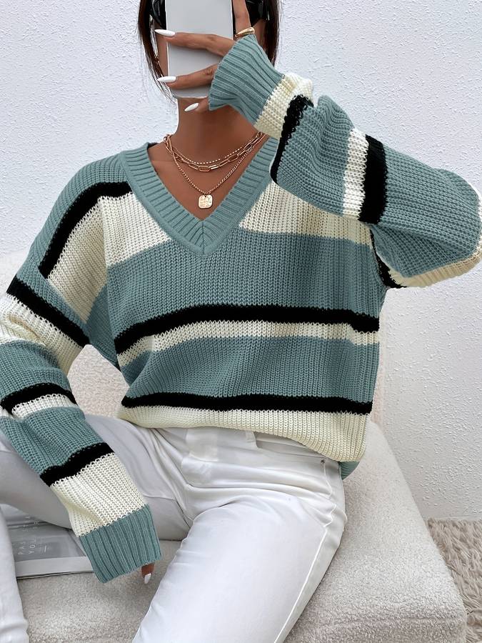 Filana | Women's Chic V-Neck Striped Knitted Sweater