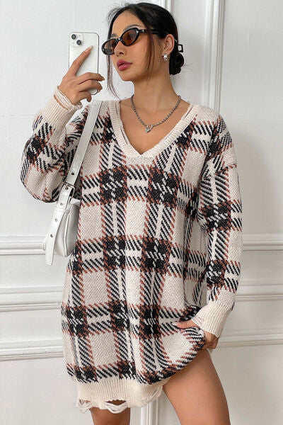 Quindra | Long Knit Sweater with Check Pattern and Relaxed Fit