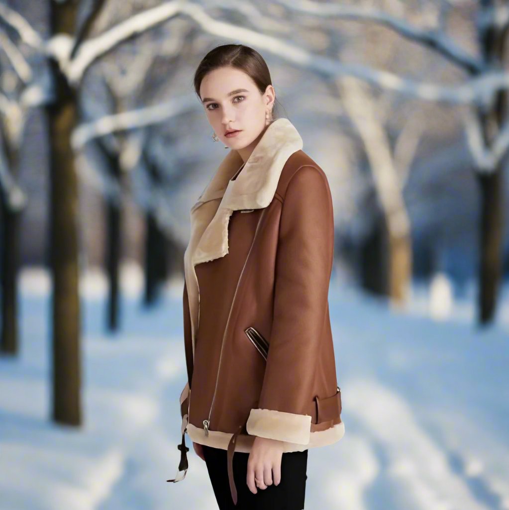 Waltera | Women's Stylish Leather Biker Jacket with Polo Collar & Fleece Lining