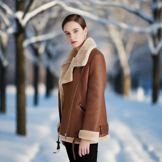 Waltera | Women's Stylish Leather Biker Jacket with Polo Collar & Fleece Lining
