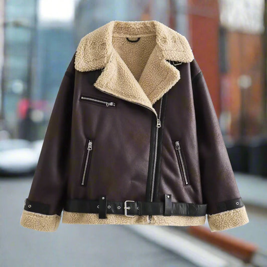 Eliani | Women's Zip-Up PU Leather Jacket with Fleece Lining and Belt
