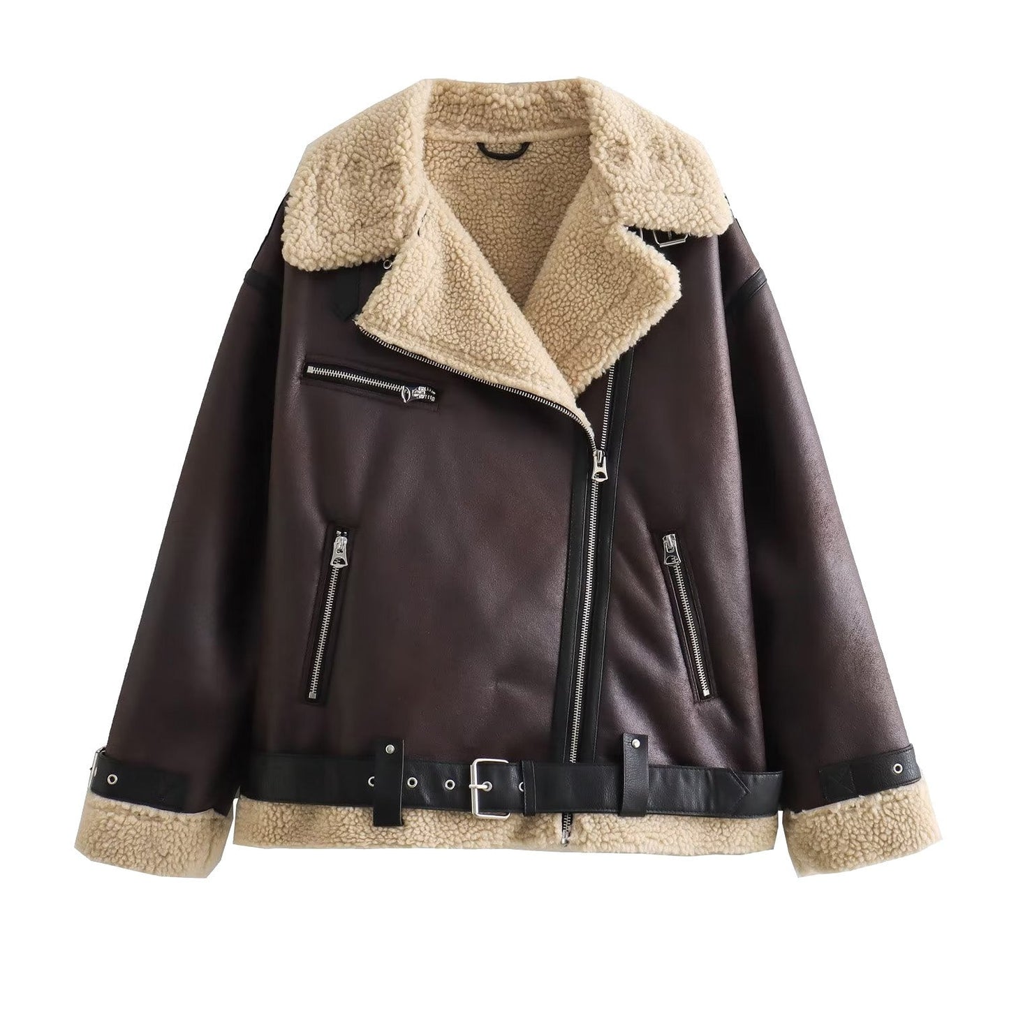 Eliani | Women's Zip-Up PU Leather Jacket with Fleece Lining and Belt