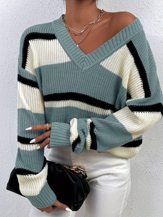 Filana | Women's Chic V-Neck Striped Knitted Sweater