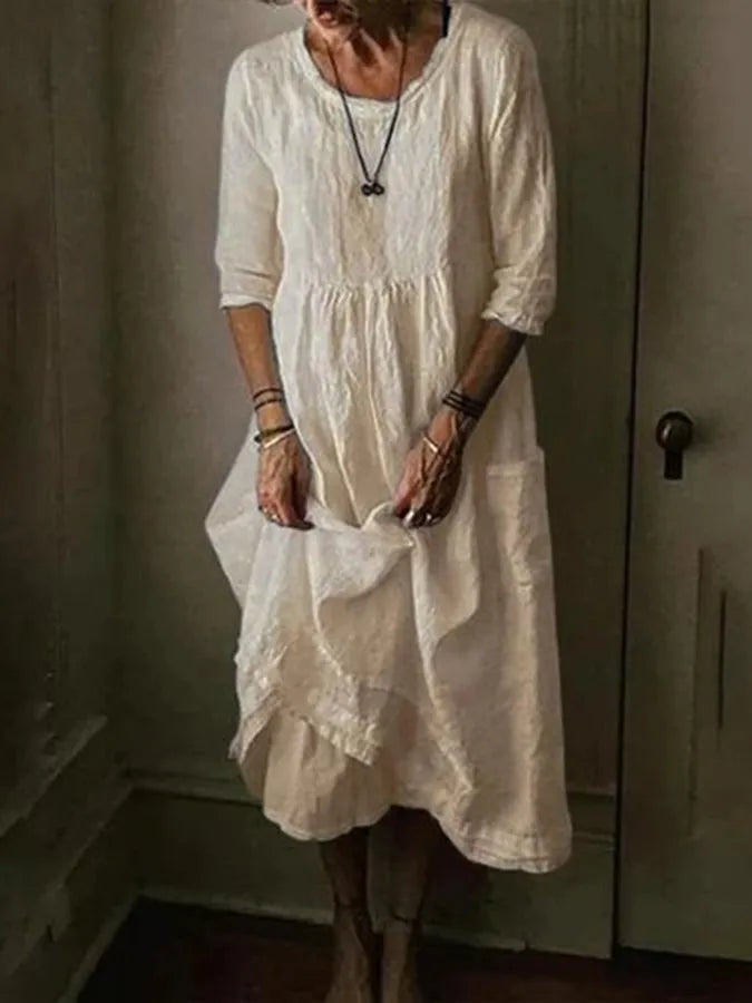 Frankie | Women's Solid Colour Round Neck Half Sleeve Cotton Linen Summer Maxi Dress