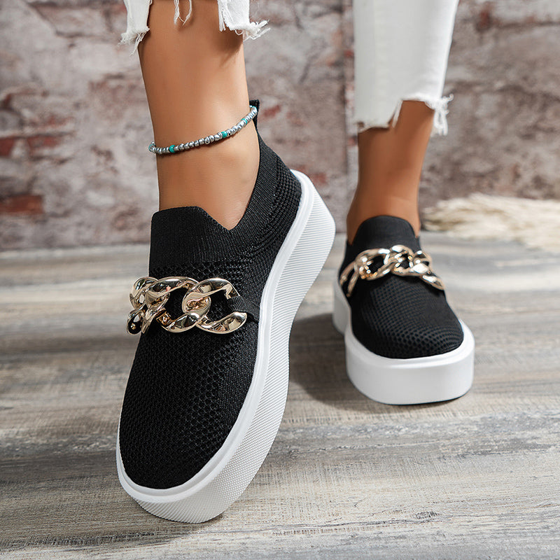 Octavia | Women's Mesh Slip-On Platform Loafers with Gold Chain Detailing – Stylish, Breathable & Comfortable
